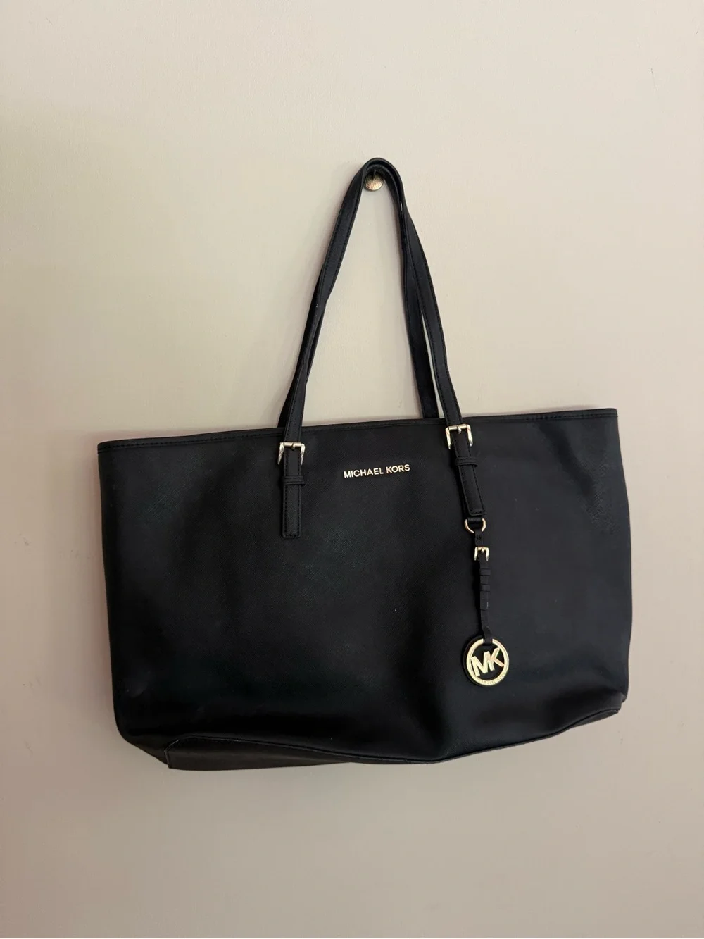 Michael Kors Black Leather Tote with Gold MK Charm